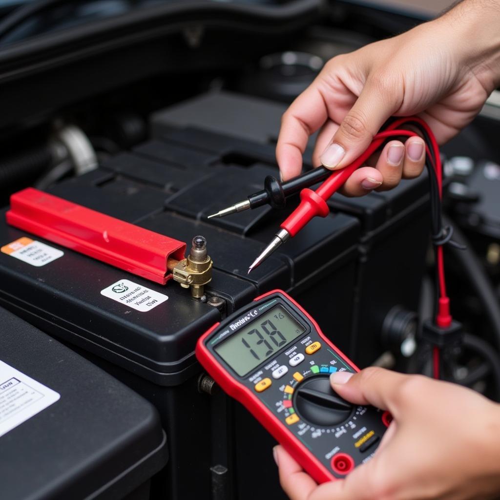 Using a multimeter to test car battery voltage, showing proper connection to terminals.