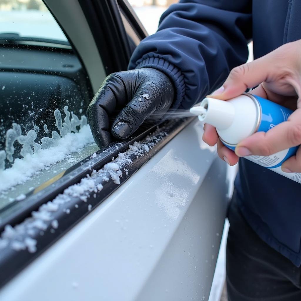 Using De-icer on a Frozen Car Door