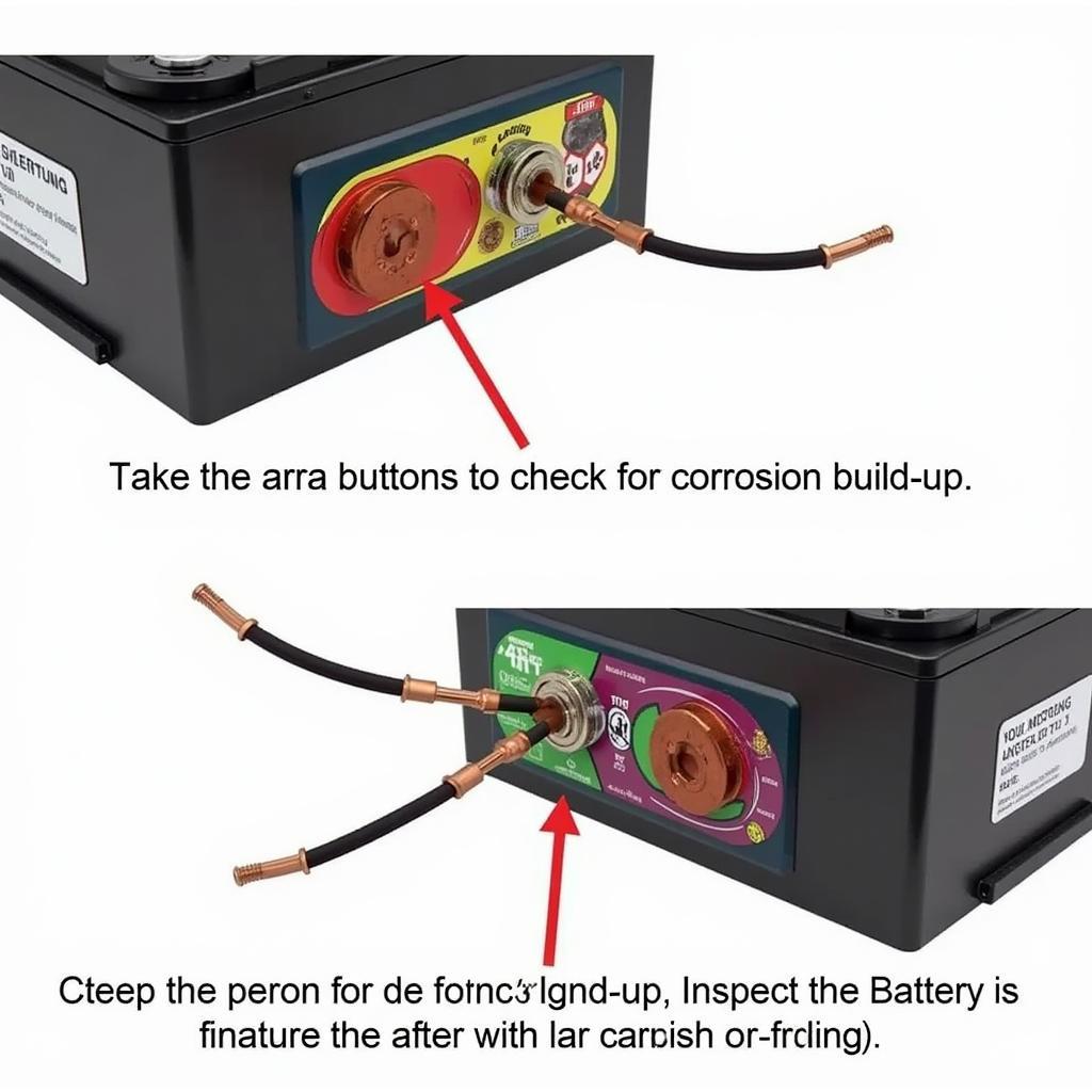 Close-up of car battery terminals, showing how to inspect for corrosion and damage.