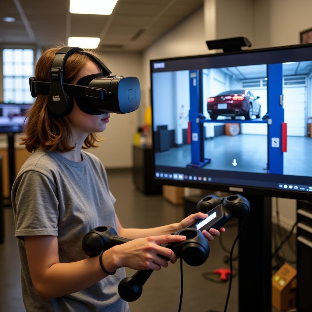 VR Car Repair Experience: A player wearing a VR headset immersed in a virtual car repair simulation.