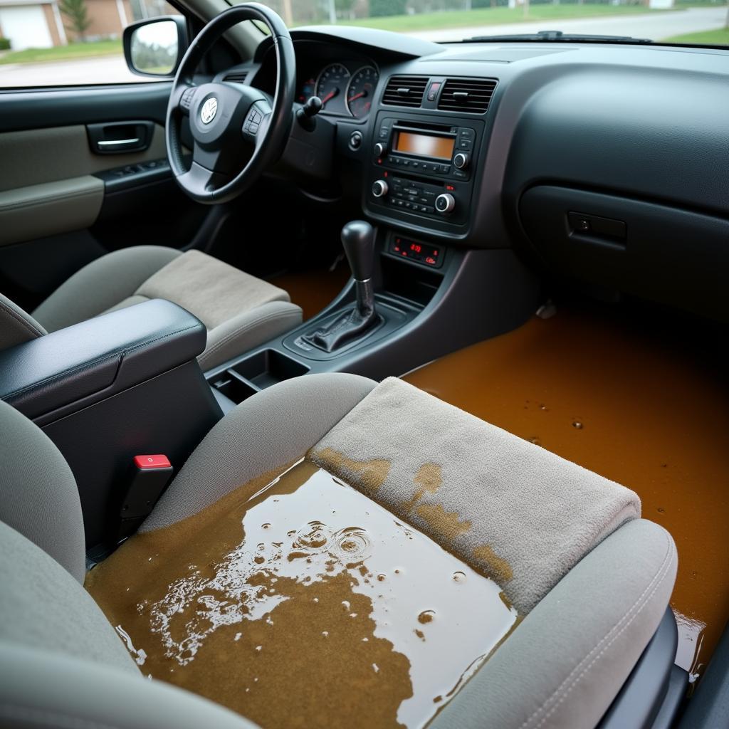 Car interior flooded with water after a heavy rain