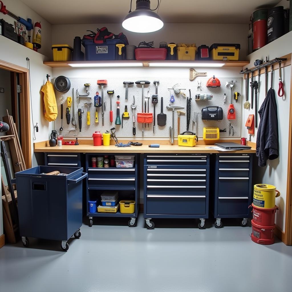 Well-lit garage workspace with organized tools