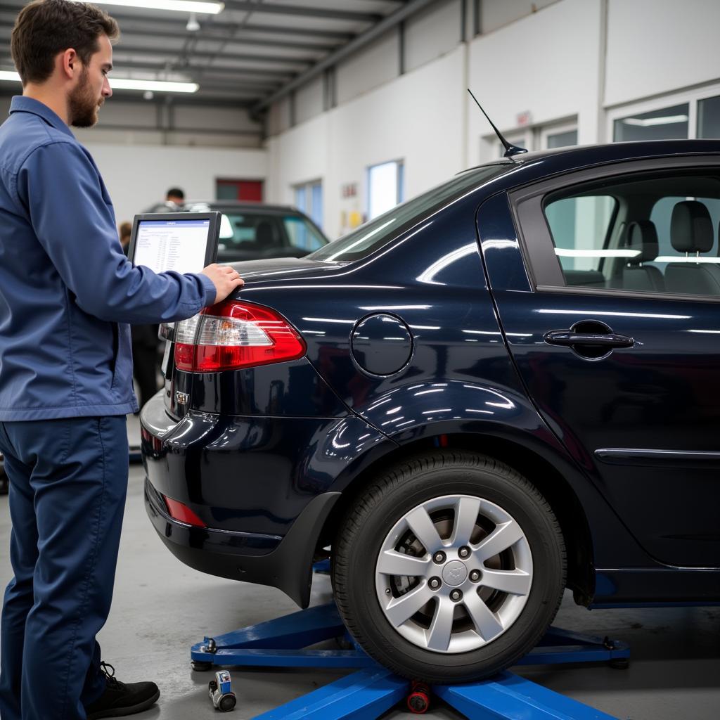 Car undergoing wheel alignment check