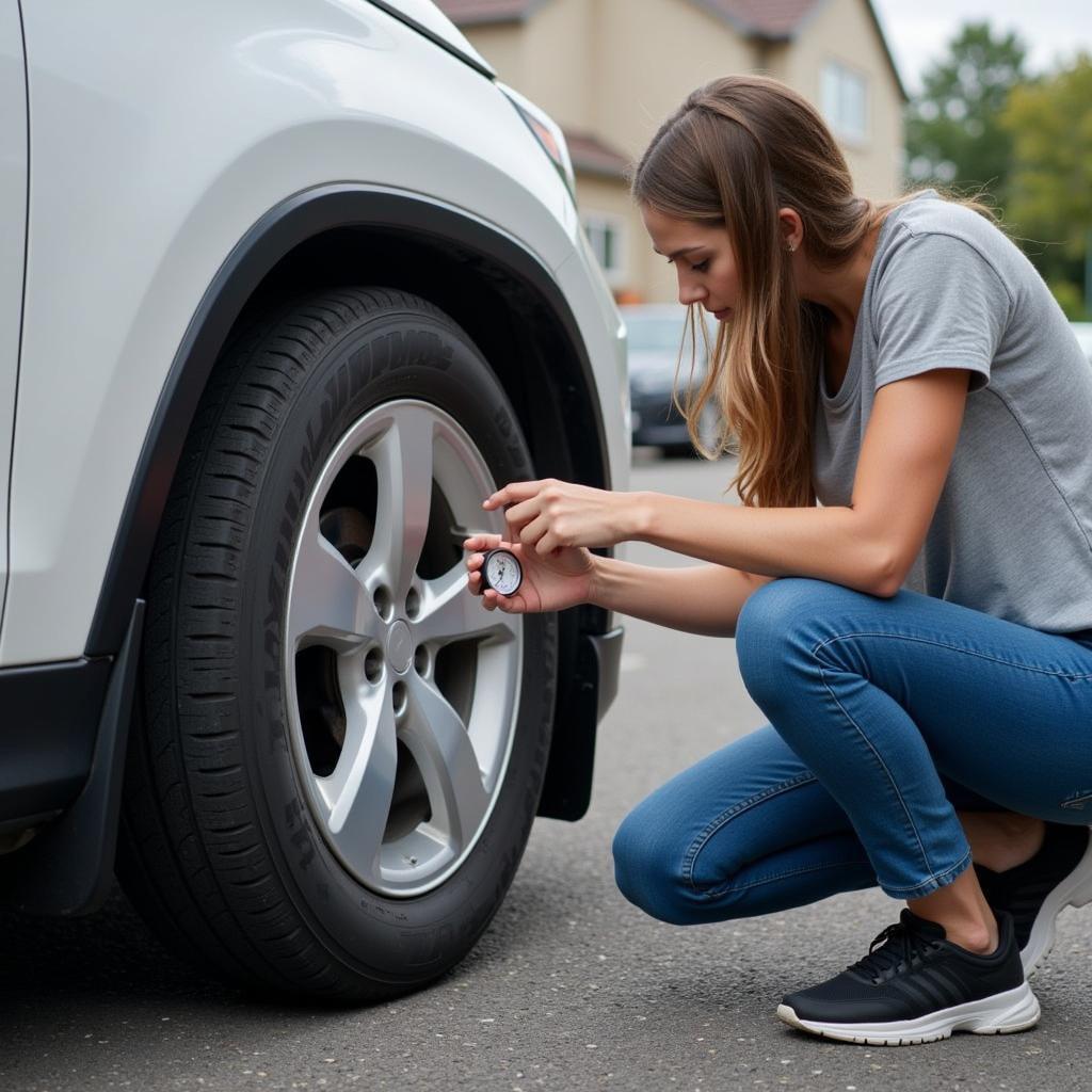 Woman Checking Car Tire Pressure