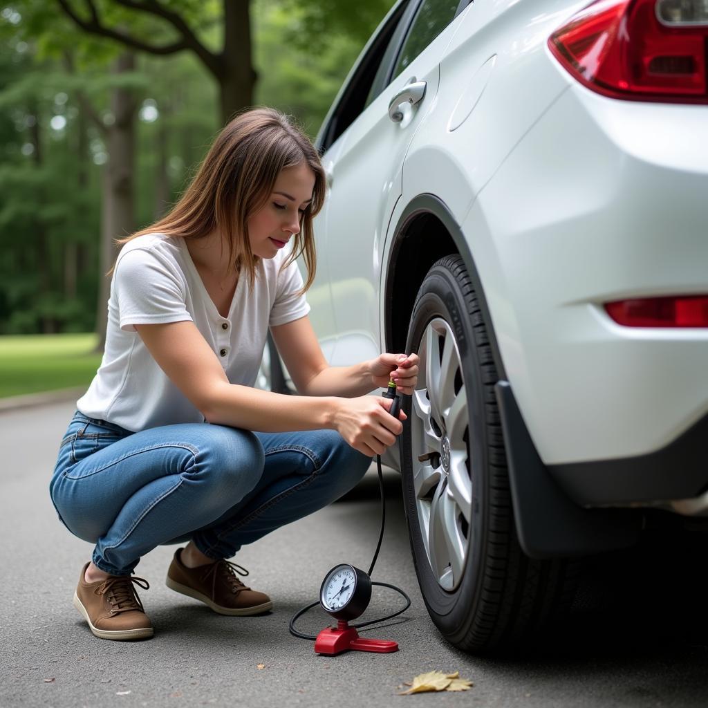 Woman Checking Tire Pressure