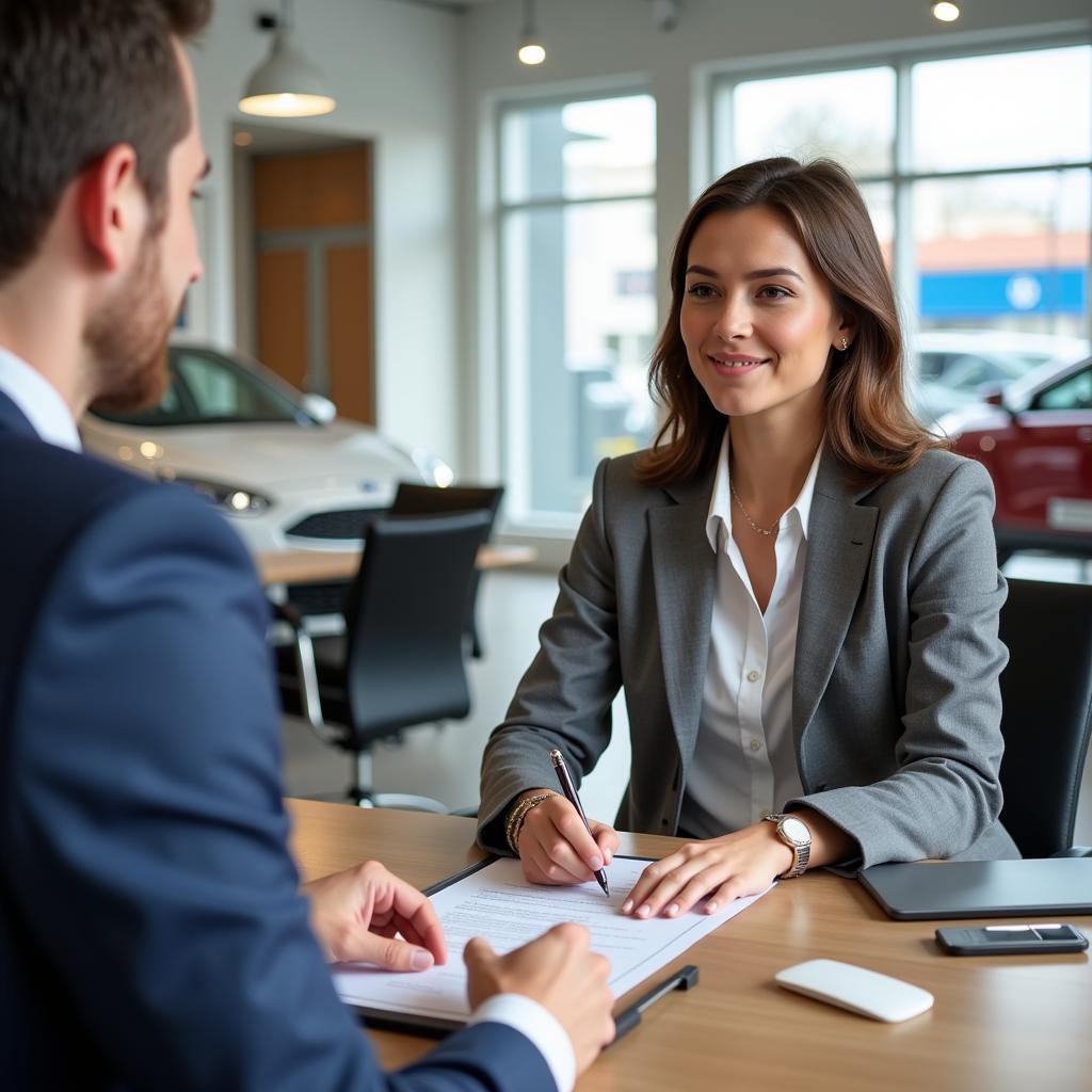 Woman Signing Car Lease Maintenance Contract