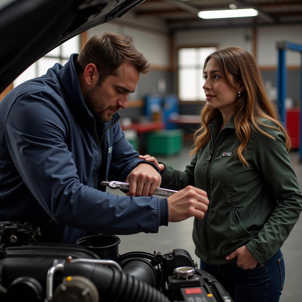 Woman Watching Man Repair Car Engine