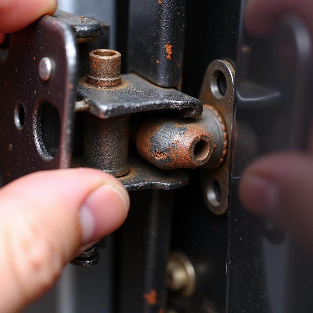 Inspecting a Worn Car Door Hinge for Damage