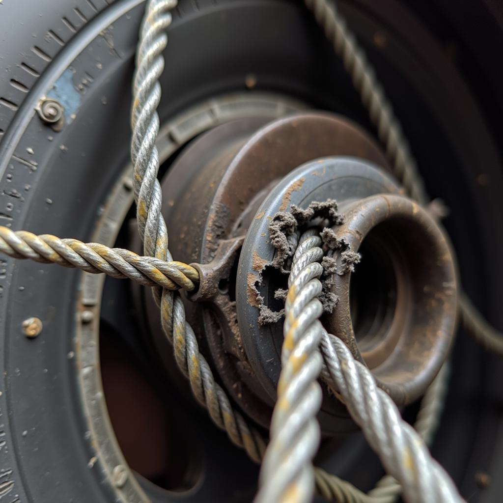 Worn Car Lift Pulley Cable Showing Fraying and Damage