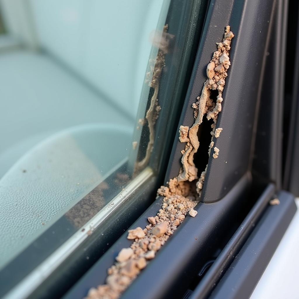 Worn weatherstripping causing air leak in car window