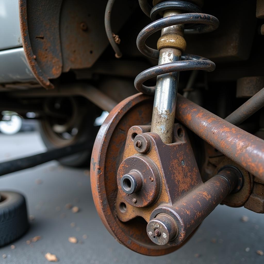 Worn shocks and struts causing car leg problems, showing a close-up of damaged components and their impact on vehicle stability.