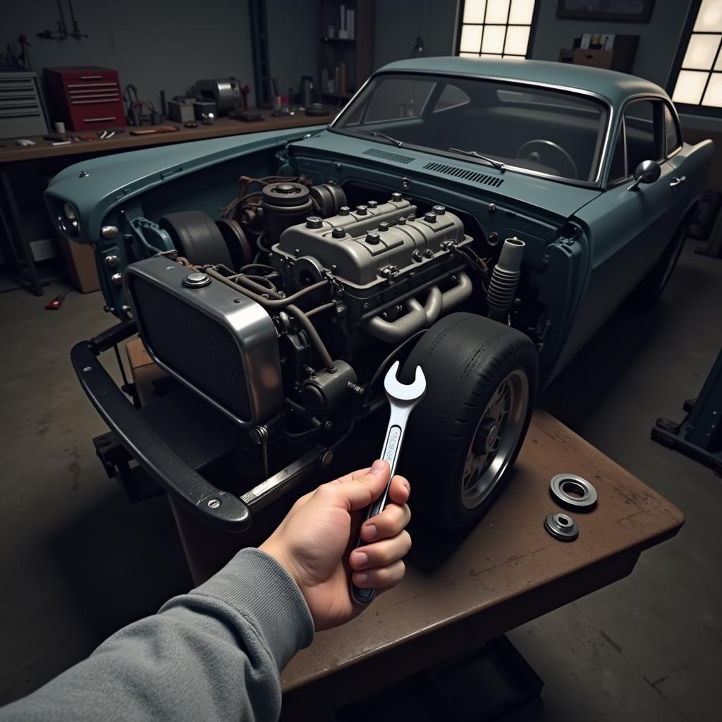 Wrench in a Virtual Garage: A gamer's hand holding a wrench in a video game car repair scene.