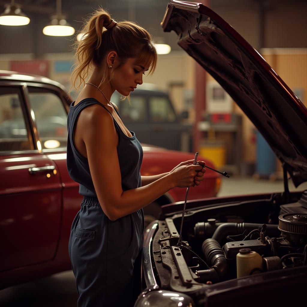 80s French Girl Checking Oil Level in Classic Car