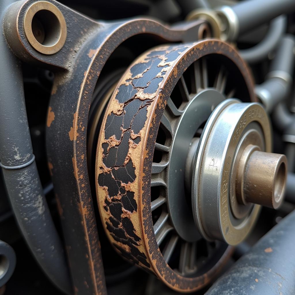 Alternator drive belt showing signs of wear and tear