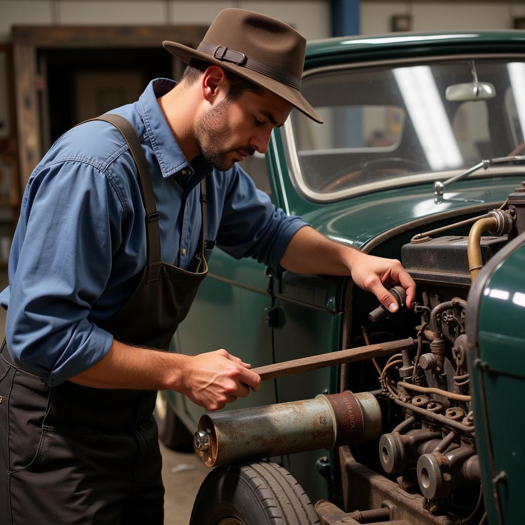 Amish Mechanic Working on a Car Engine