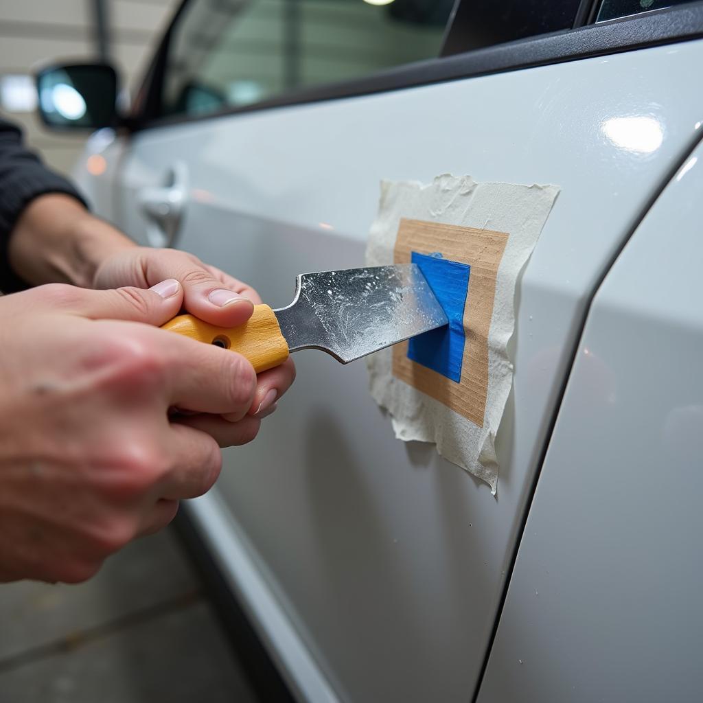 Applying Body Filler to a Car Door Dent