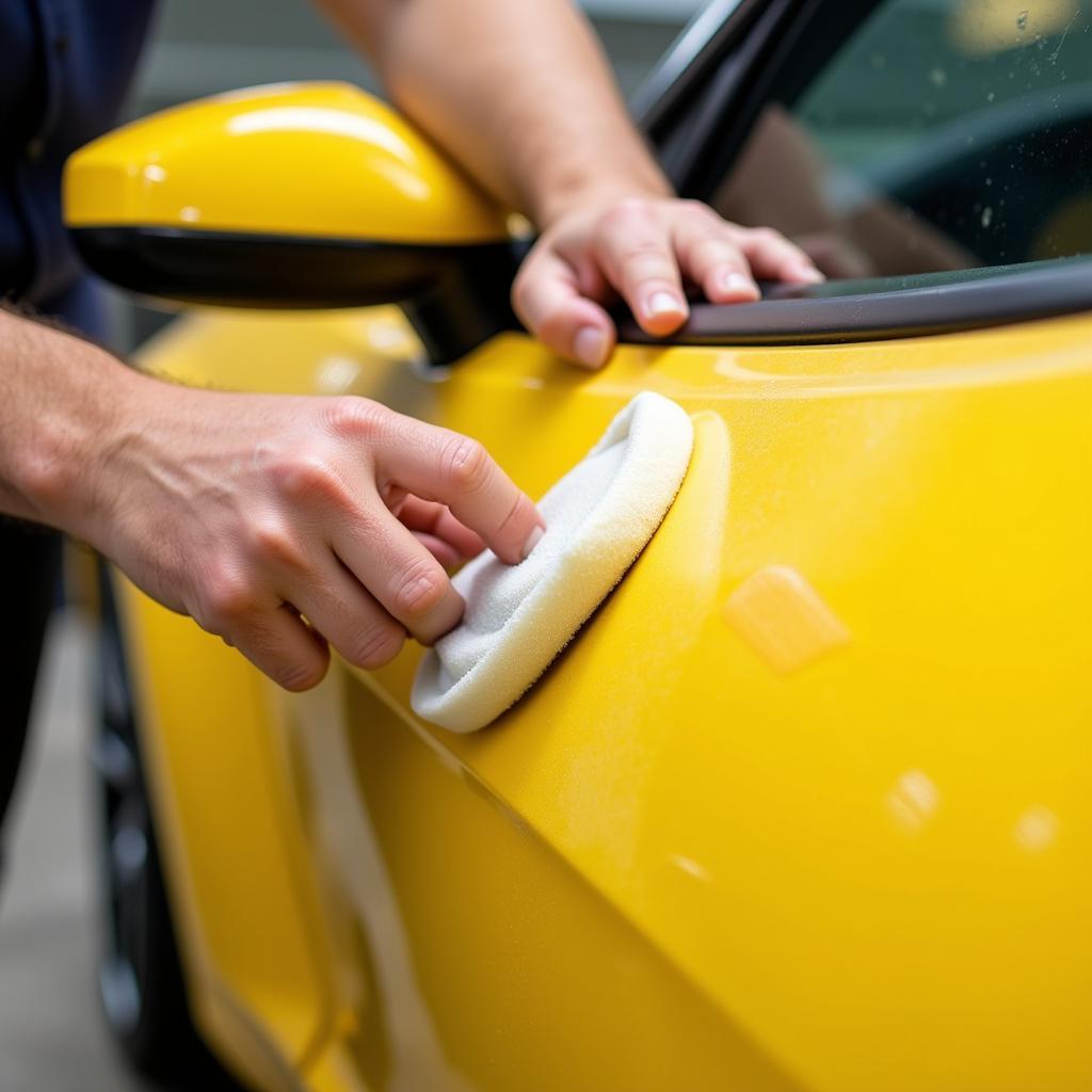 Applying Car Wax to a Yellow Car