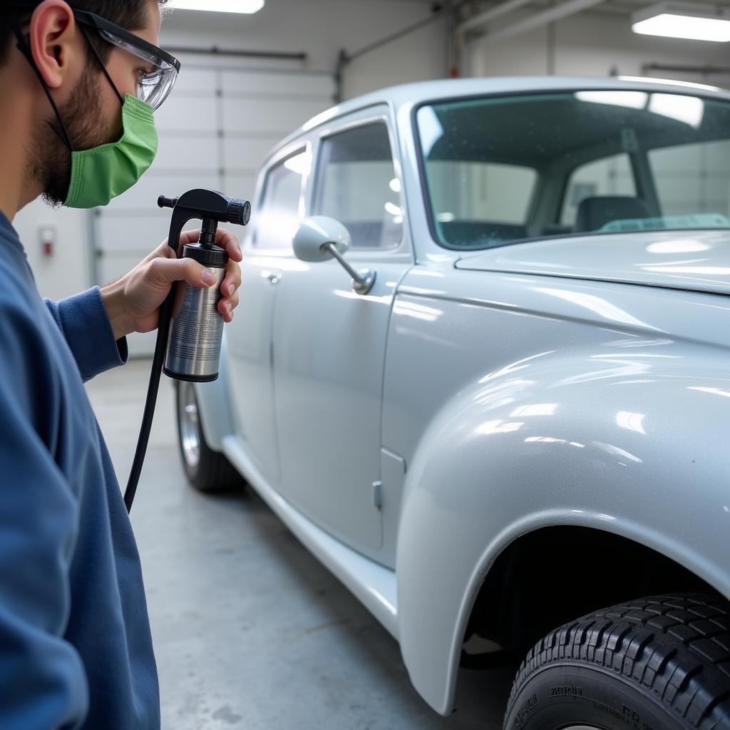 A person carefully applying clear coat to a car panel