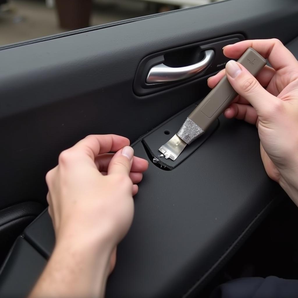 Applying plastic filler to a broken car interior part.