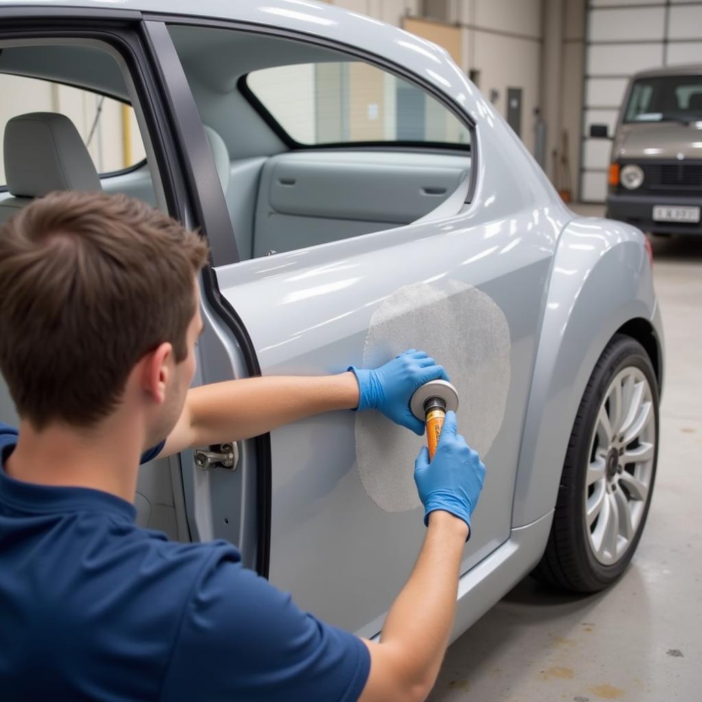 Applying primer to a sanded car door scratch