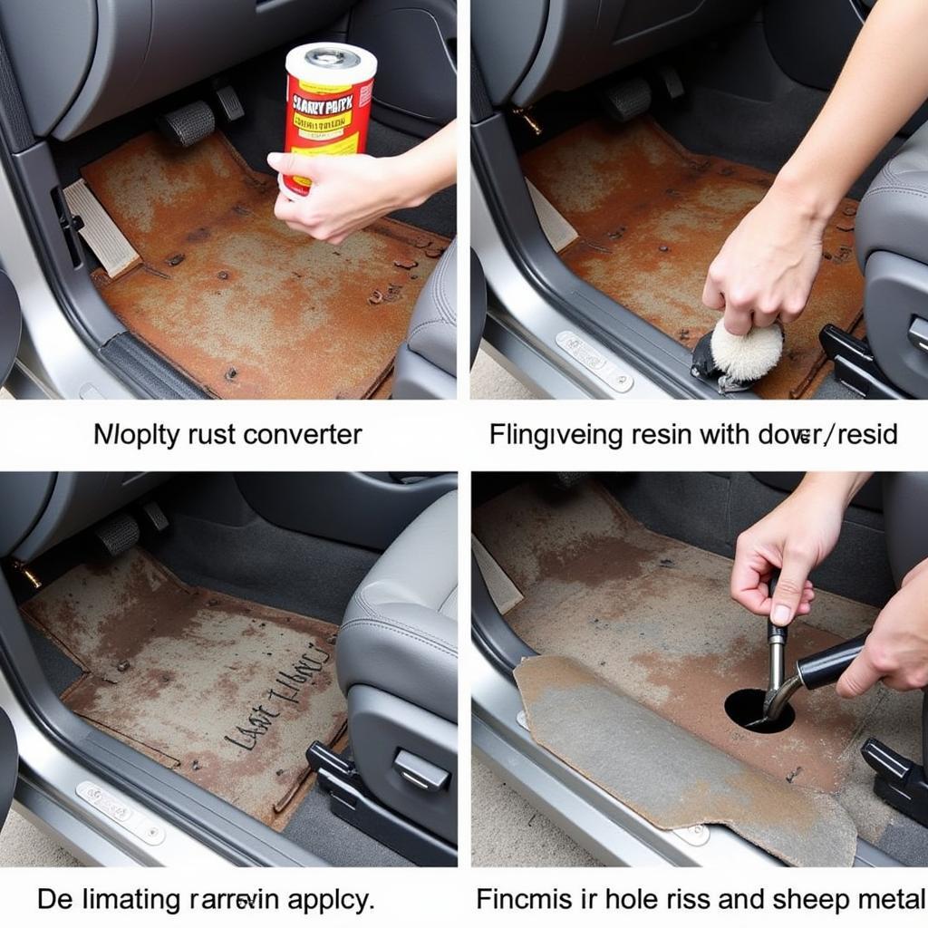 Applying rust converter and patching holes in a rusted car floor