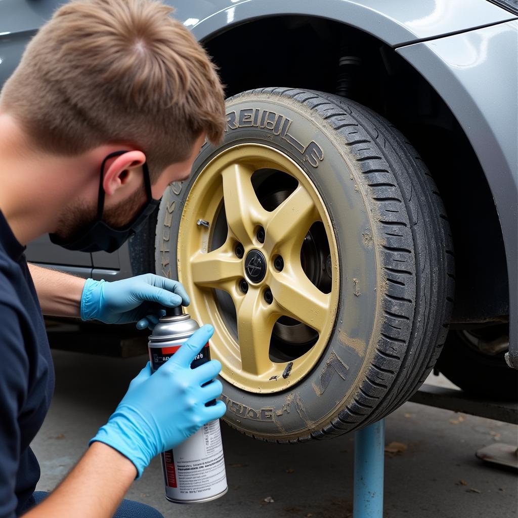 Applying Spray Paint to Car Wheel