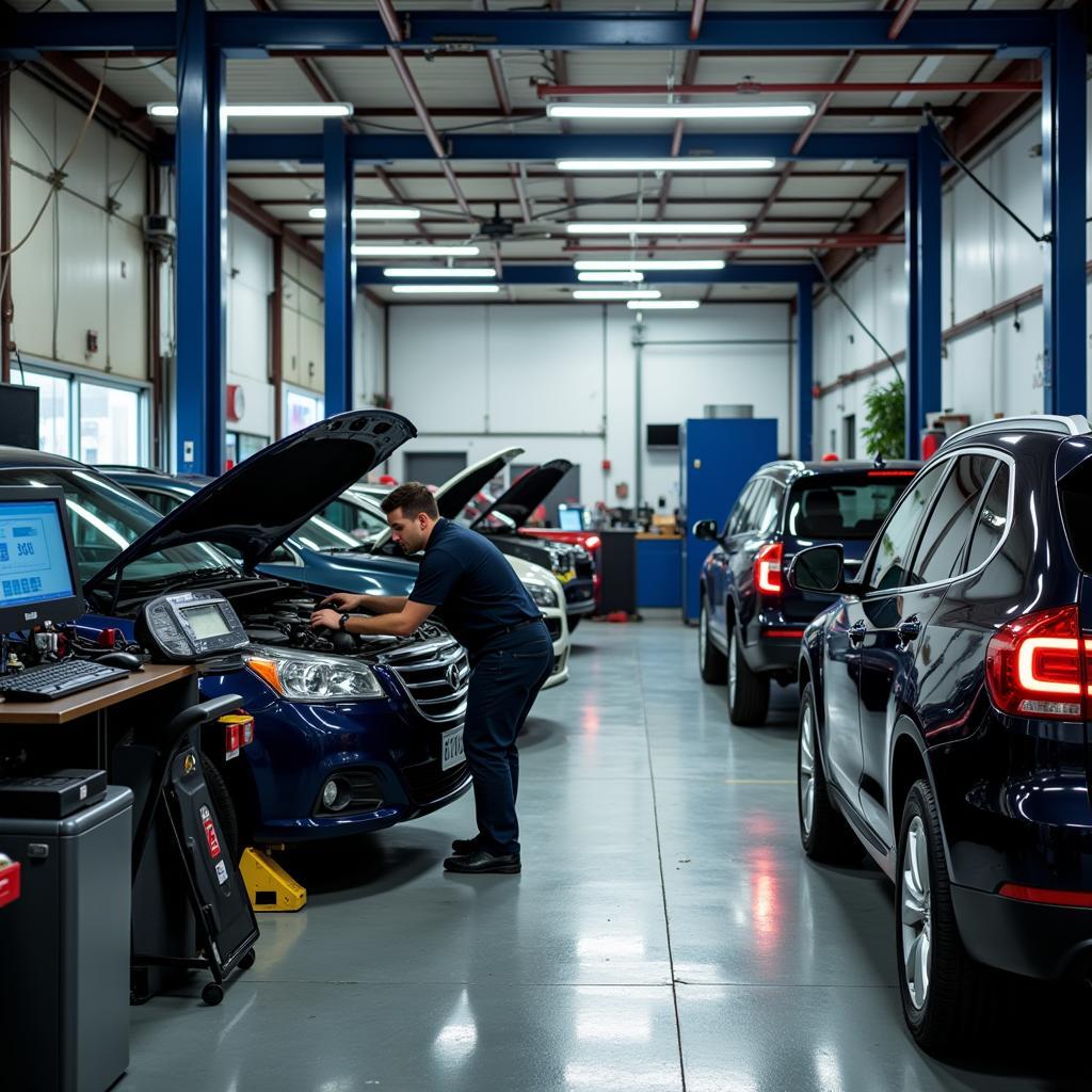 Auto Repair Shop Interior with Mechanics