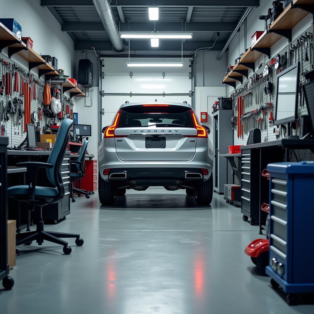 A clean and organized auto repair shop with professional tools neatly arranged.