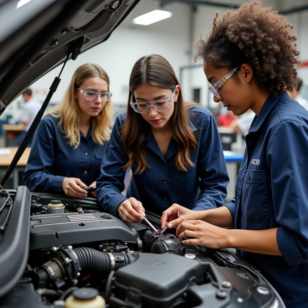 Students Working on a Car Engine in Auto School