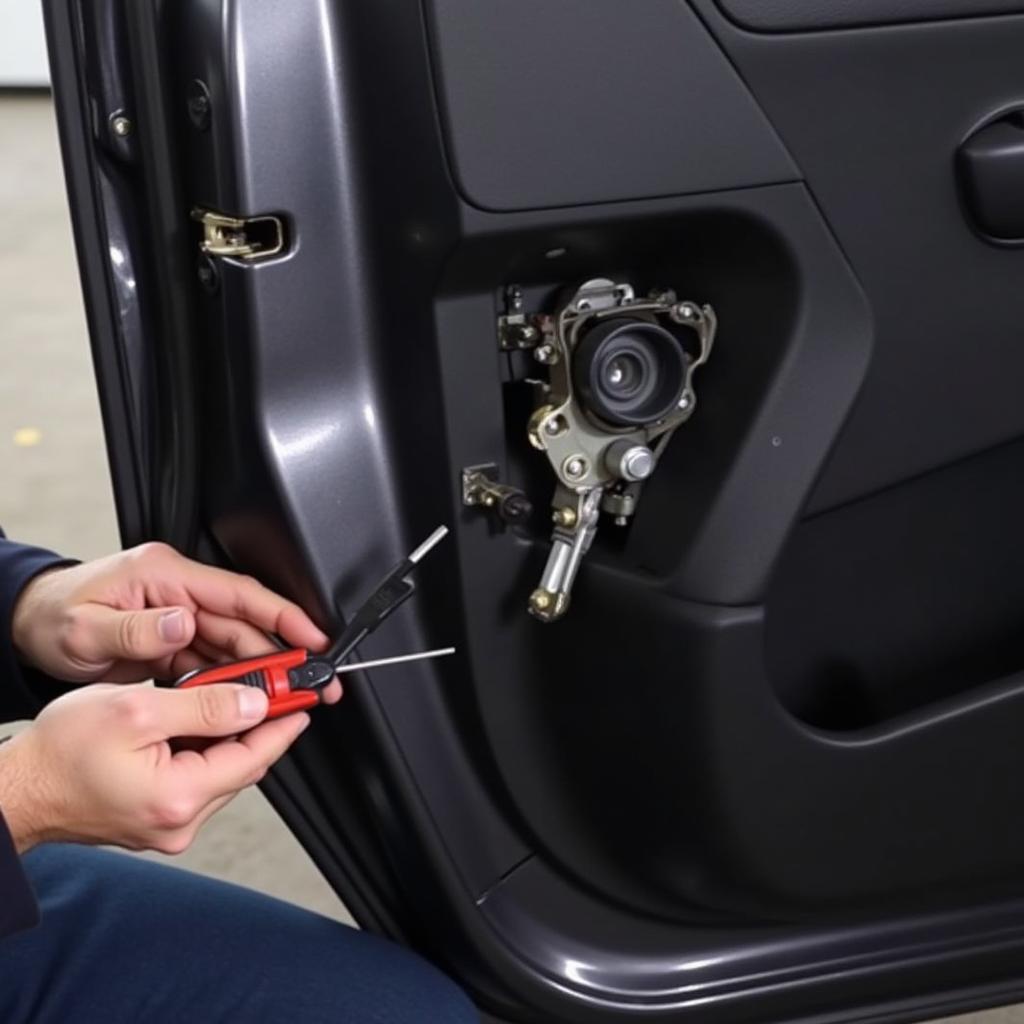 Auto Technician Repairing Car Door Lock