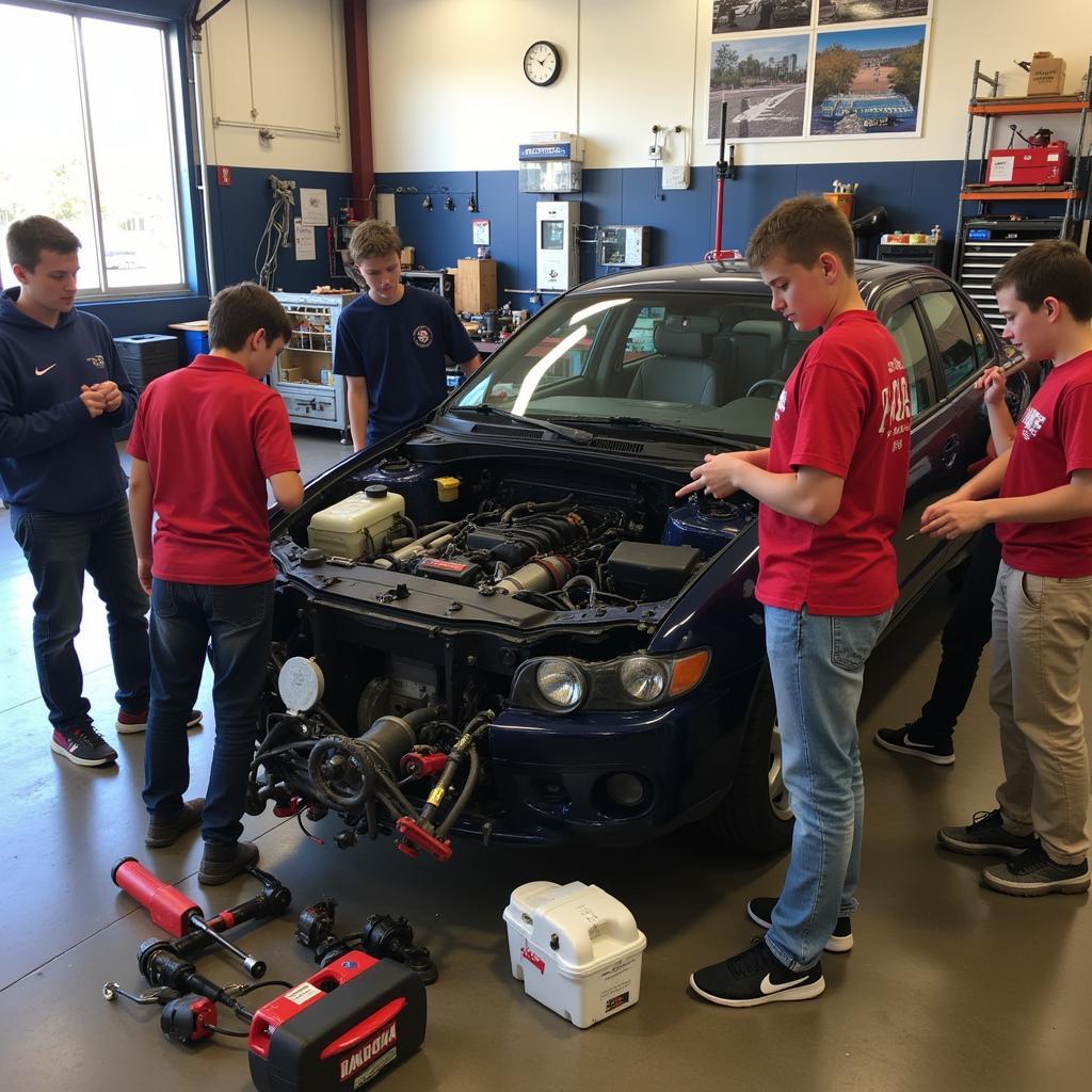 Students Working on a Car in an Automotive School