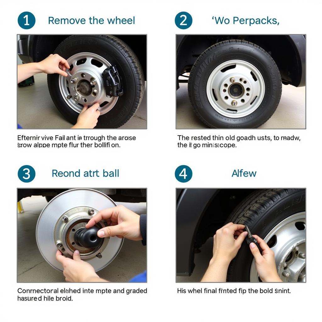 Ball joint replacement process: A series of photos showing the steps involved in replacing a ball joint, including removing the wheel, disconnecting the brake caliper and rotor, separating the ball joint from the control arm and steering knuckle, and installing the new ball joint.