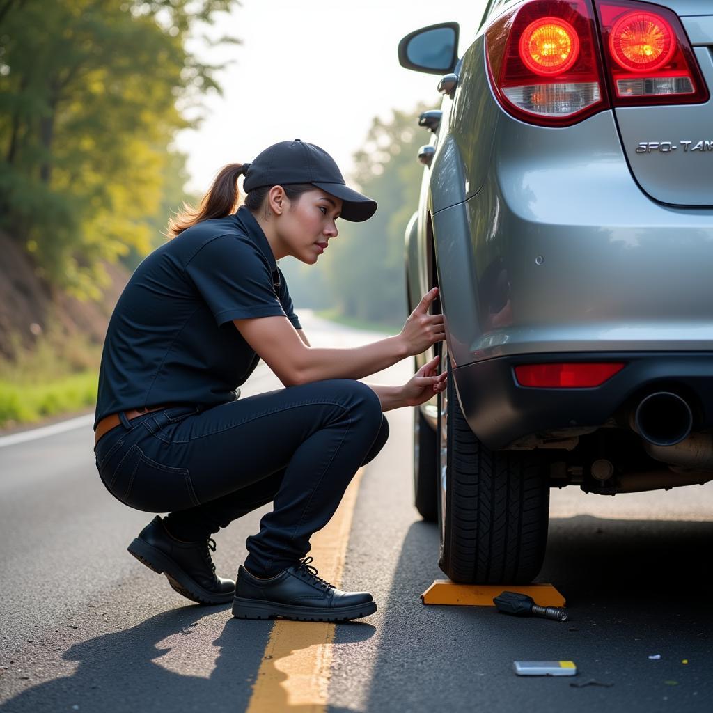 A person changing a flat tire on the side of the road.