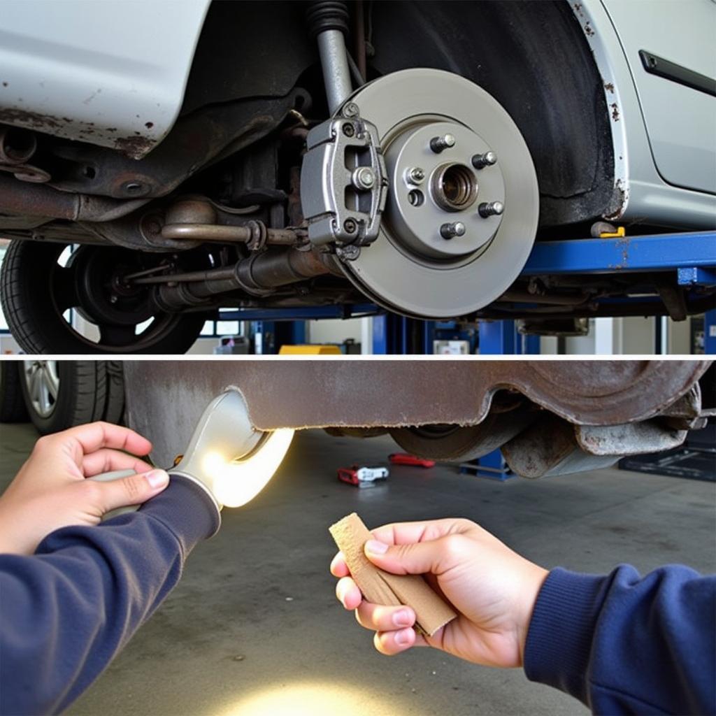 Brake fluid leak detection: Image showing how to locate a brake fluid leak under a car.