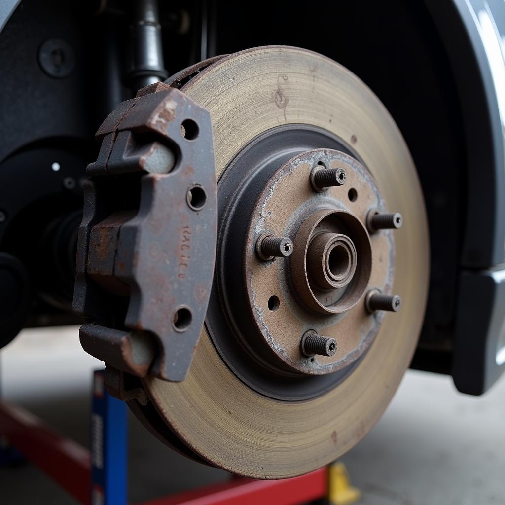 Brake System Inspection: Close-up of brake pads and rotors