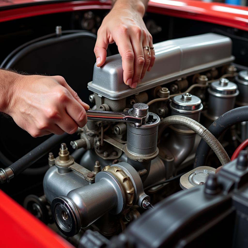 Mechanic Working on a Classic British Car Engine