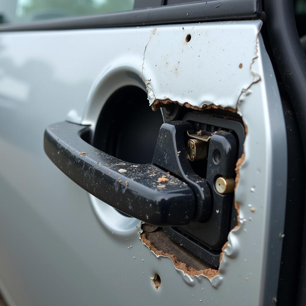 Close-up view of a broken car door handle, showing the damaged plastic components and internal mechanism.