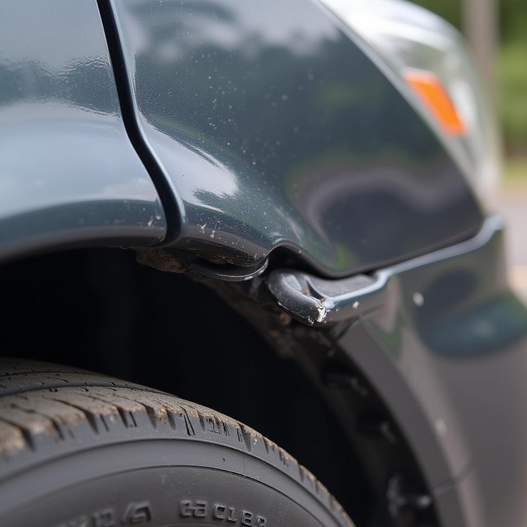 Close-up of a broken car fender clip showing the damage and how it no longer holds the fender liner.