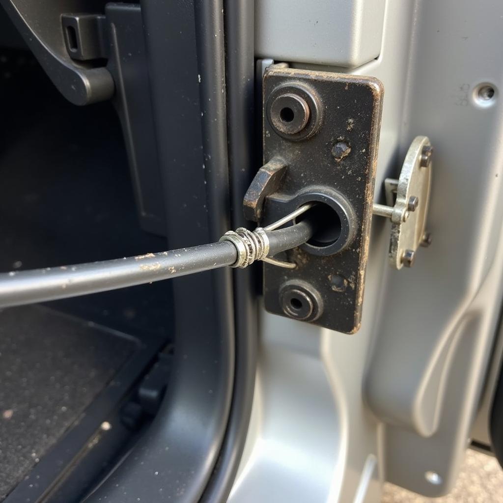 Close-up of a broken car window cable inside the door panel