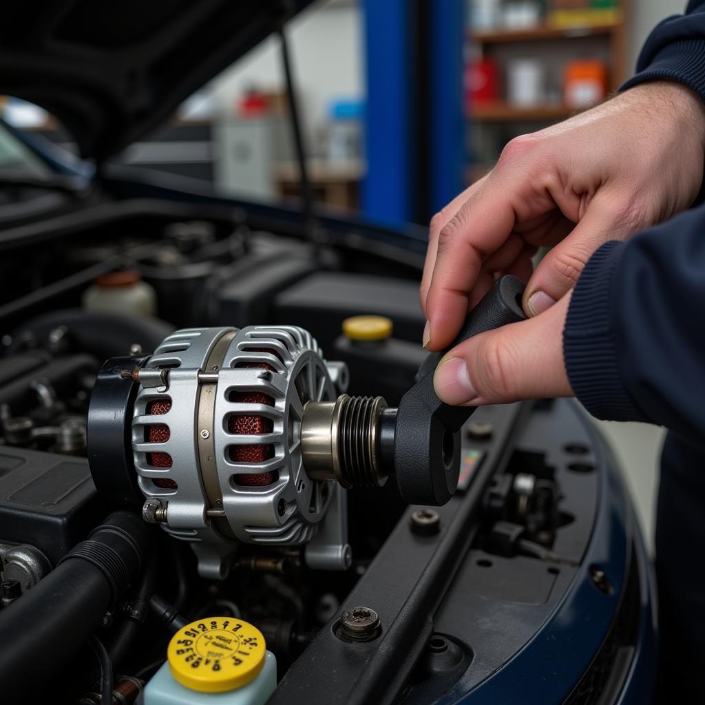 Mechanic repairing car alternator