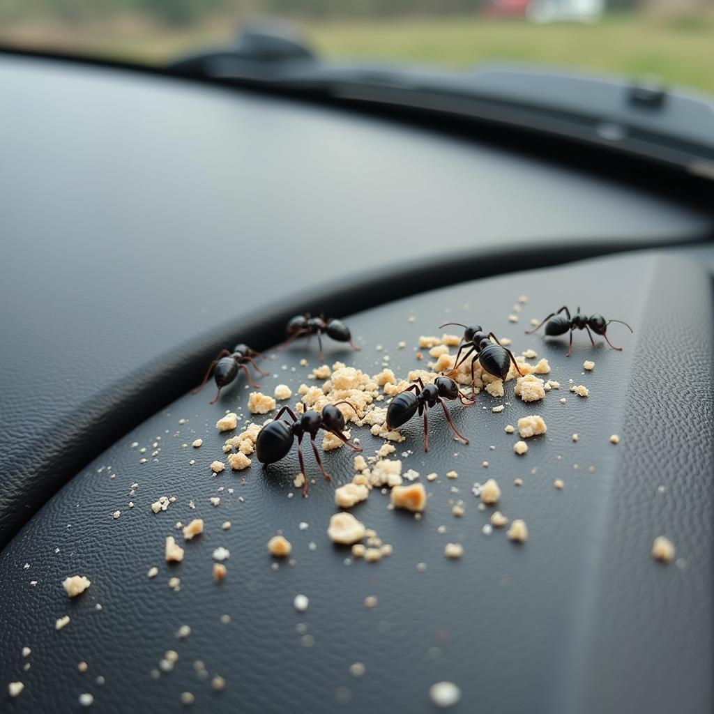 Ants crawling on a car dashboard