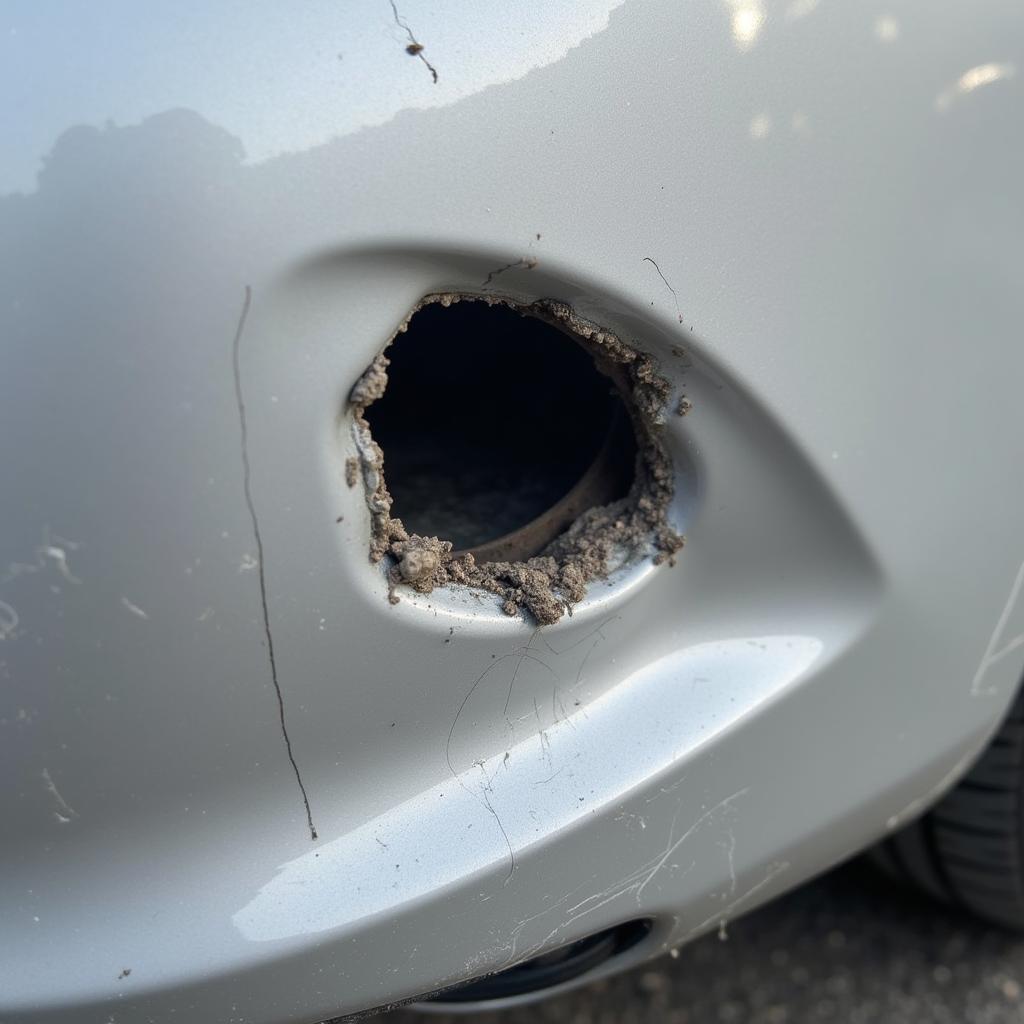 Close-up of a damaged car bumper with a hole, showing the extent of the damage and the need for repair