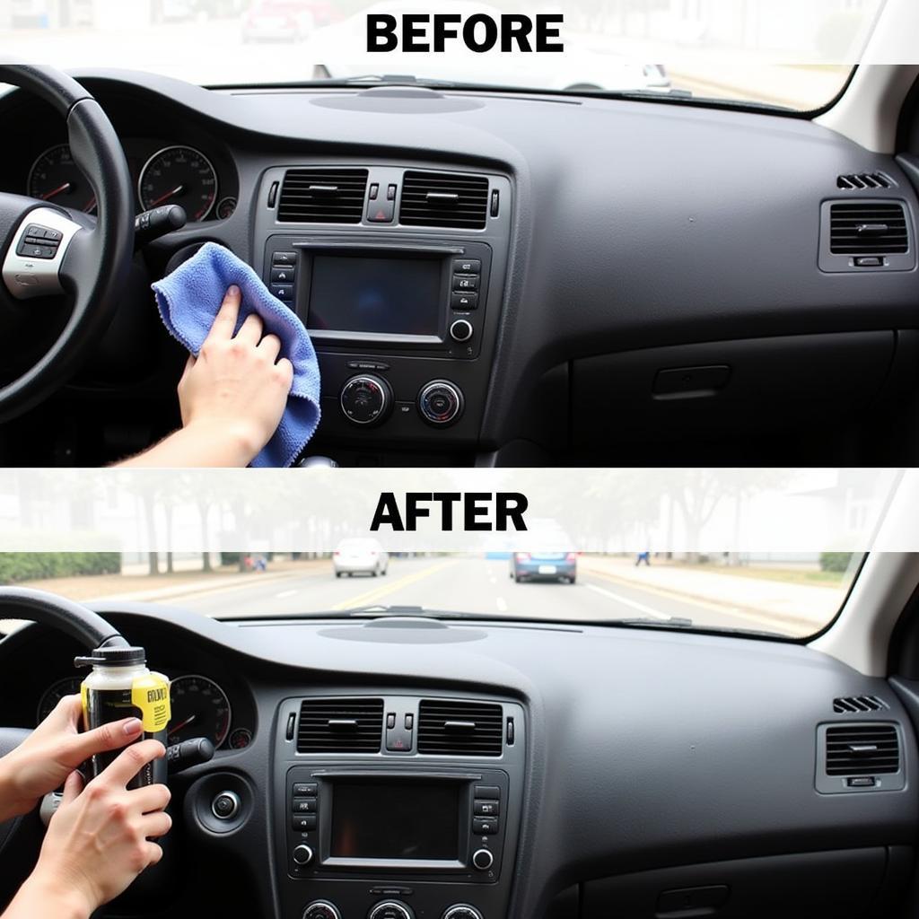 Cleaning a car dashboard with microfiber cloth and dedicated cleaner