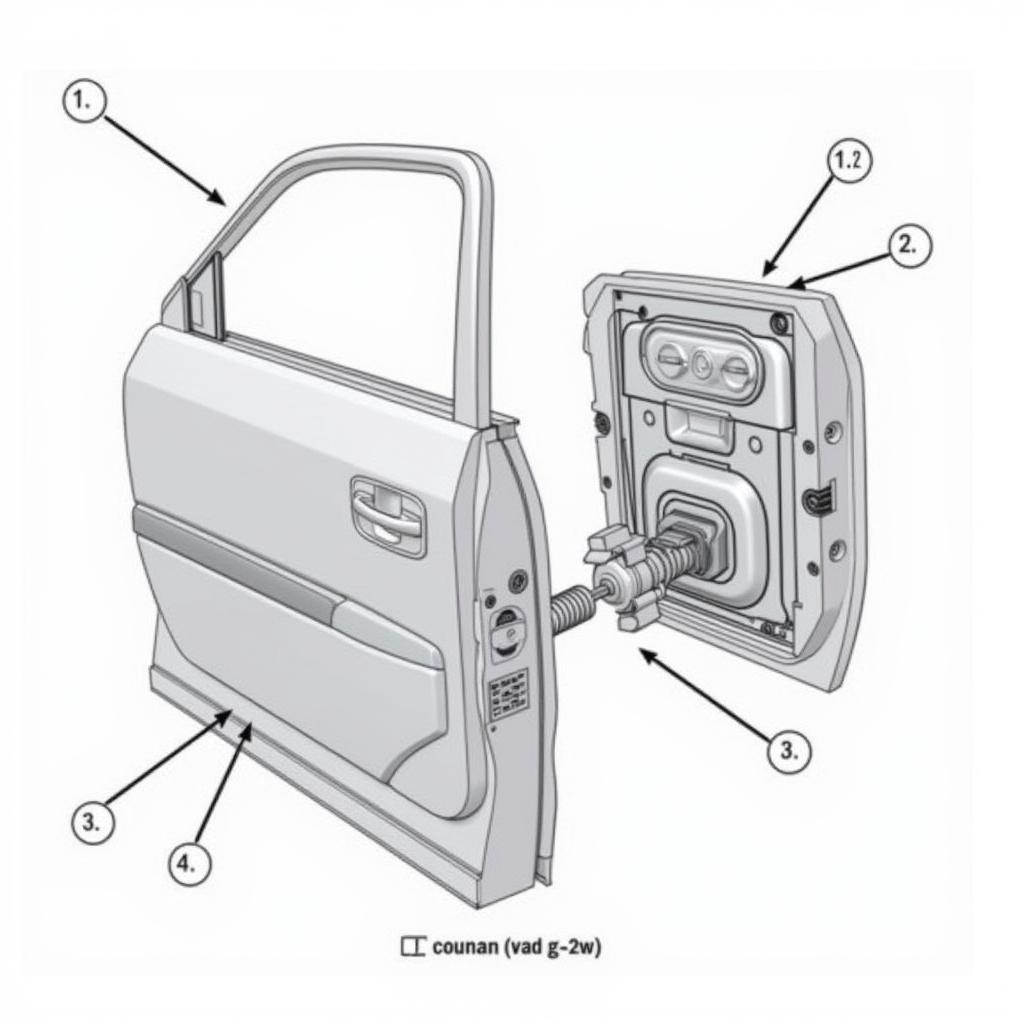 Diagram illustrating the internal mechanism of a car door, highlighting common wear and tear points like hinges and locking mechanism.