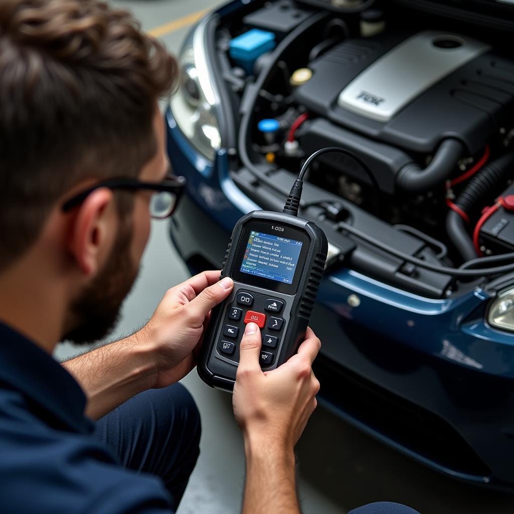 Mechanic performing a diagnostic check on a car engine