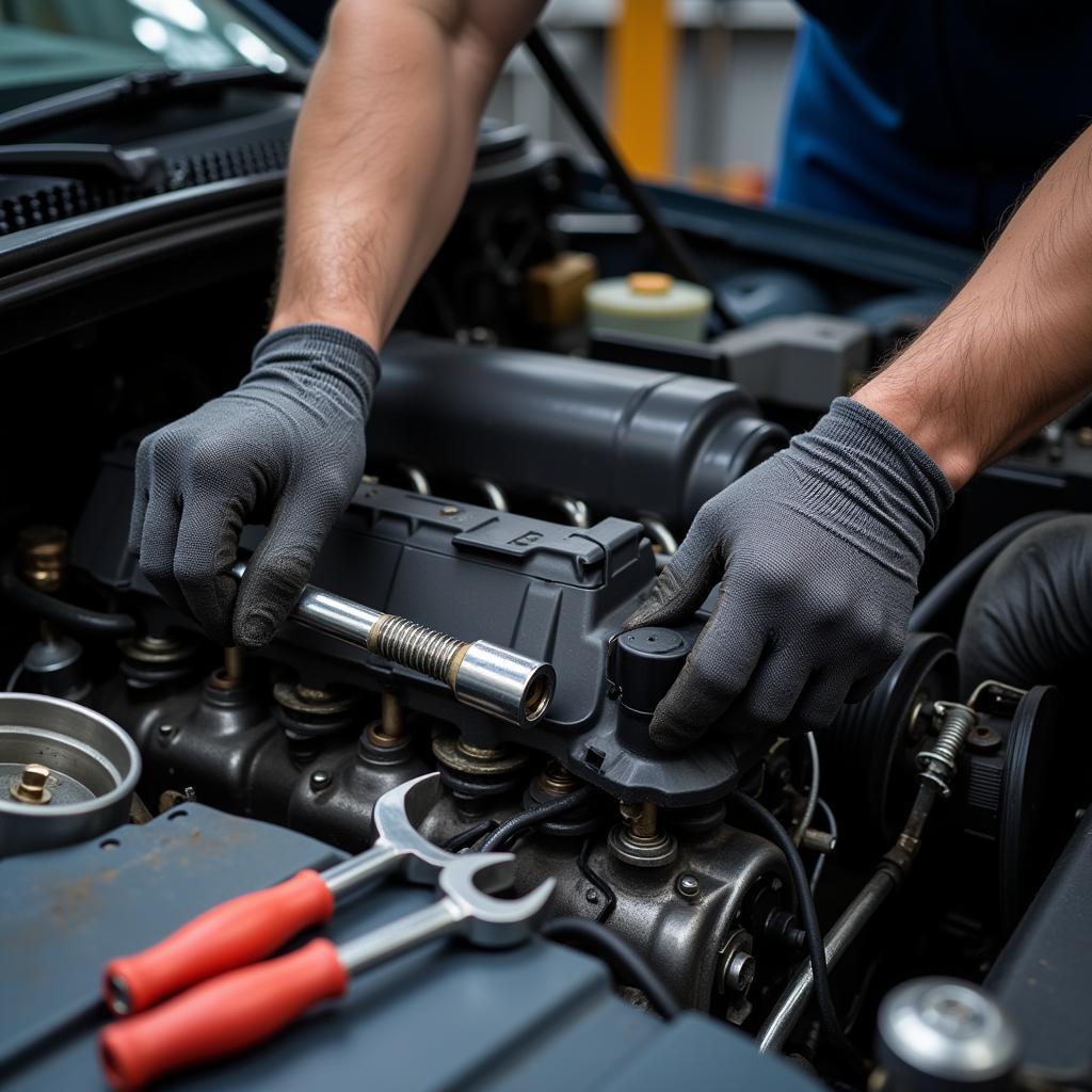 Mechanic repairing a car engine before trade-in