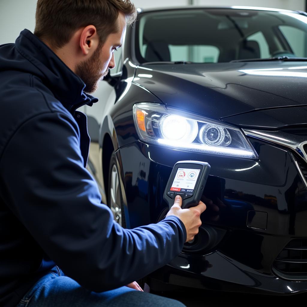 Car Headlight Repair Near Me: A mechanic inspecting a car's headlight.