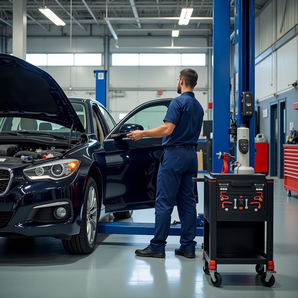 Car maintenance being performed at a reliable auto shop by a qualified technician.