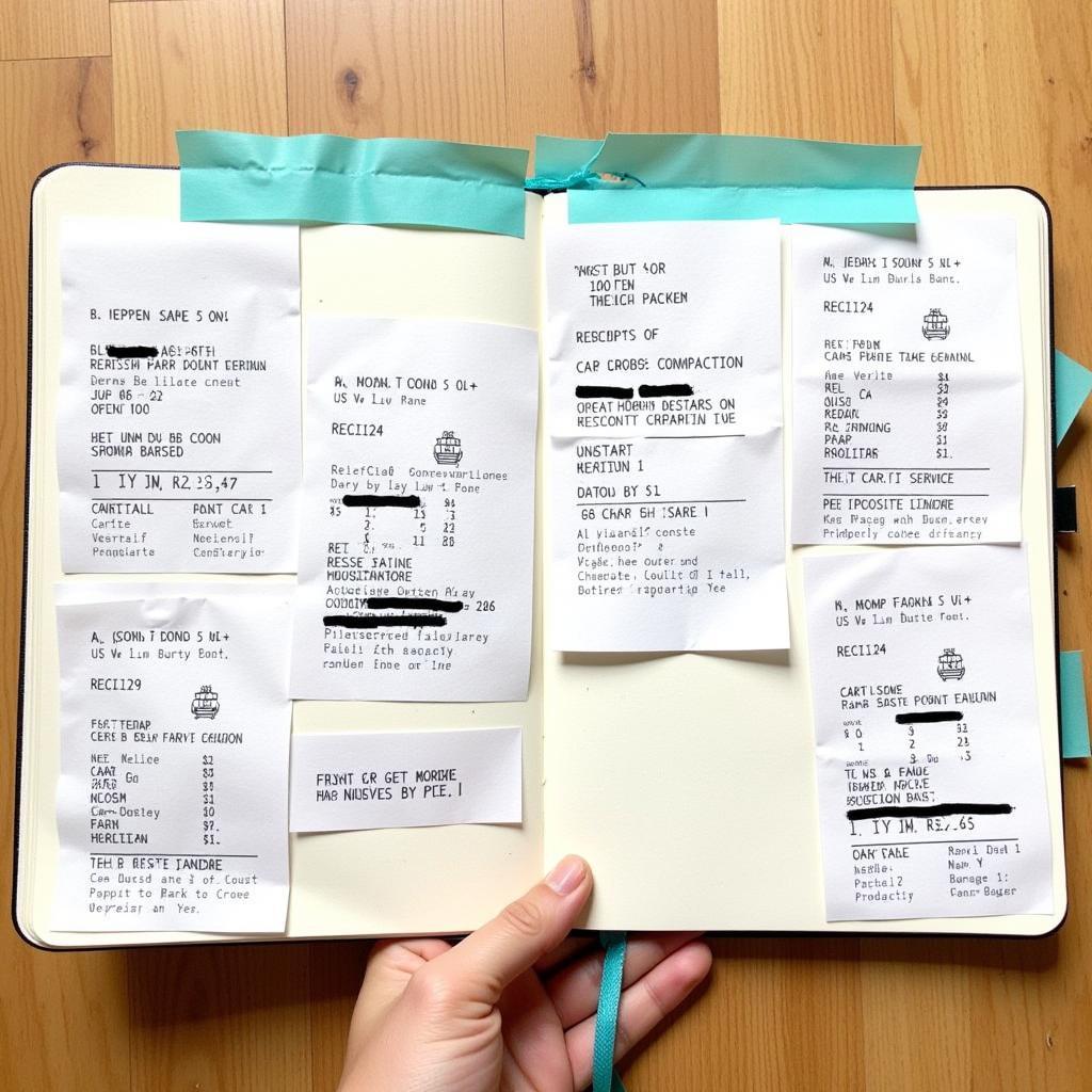 Car maintenance bullet journal with receipts taped in