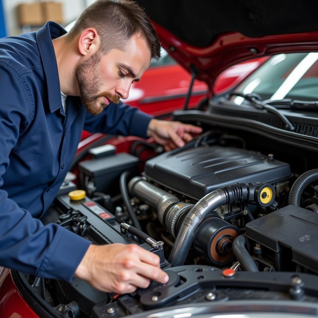 Mechanic performing a routine car maintenance check-up, focusing on the engine cooling system.